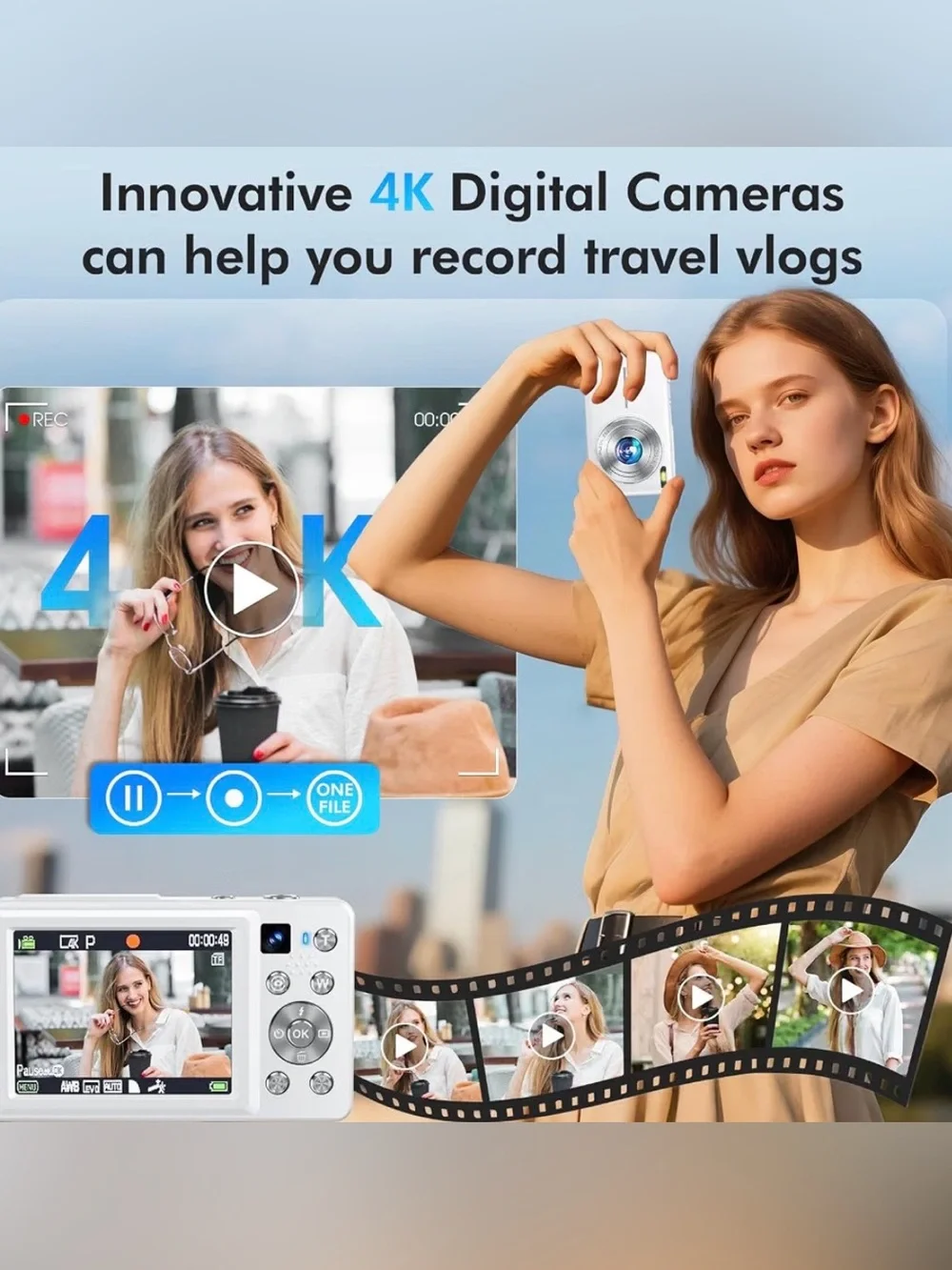 4K Digital Camera, 64MP Autofocus Vlogging Camera with Dual Lens, White